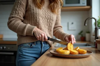 Femme en cuisine coupant des patates dorées sur une assiette