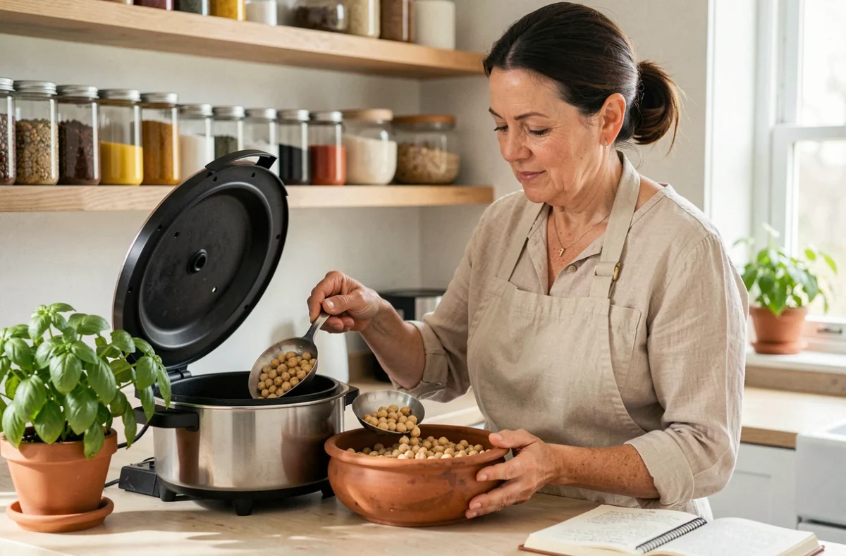 Femme versant des pois chiches cuits de la cocotte-minute dans un plat en terre cuite dans une cuisine chaleureuse