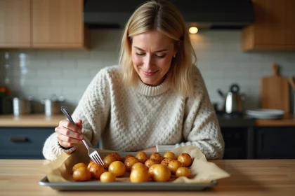 Femme souriante vérifiant pommes de terre rôties dans la cuisine