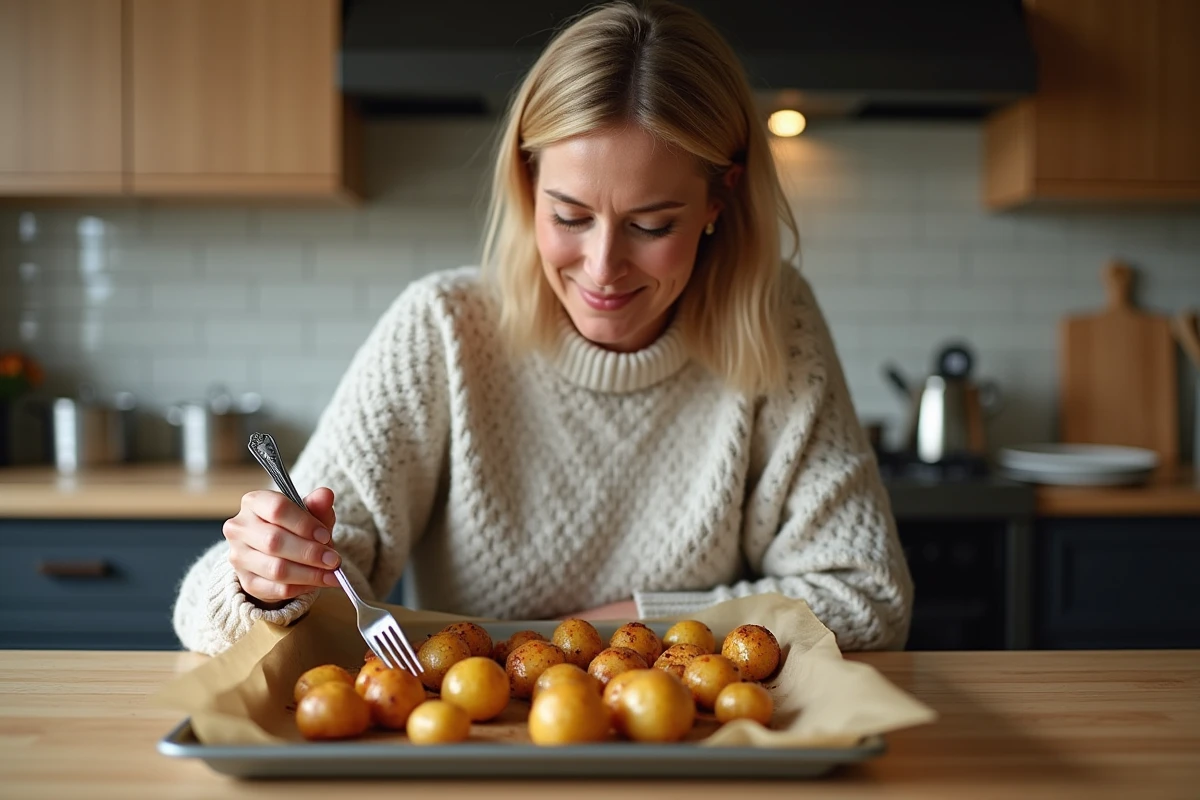 Femme souriante vérifiant pommes de terre rôties dans la cuisine