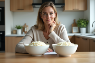 Femme compare riz blanc et riz de chou-fleur dans la cuisine