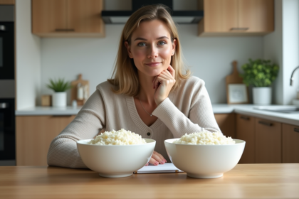 Femme compare riz blanc et riz de chou-fleur dans la cuisine