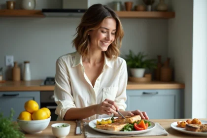 Femme souriante préparant un repas sain dans la cuisine