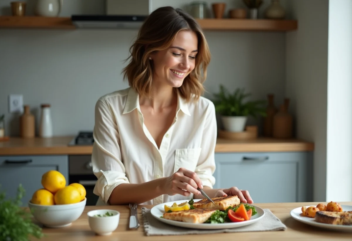 Femme souriante préparant un repas sain dans la cuisine