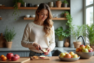 Femme souriante coupe une pomme dans une cuisine moderne