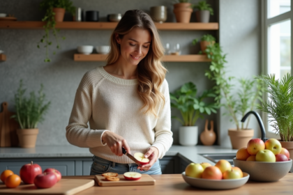 Femme souriante coupe une pomme dans une cuisine moderne