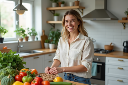 Femme souriante dans la cuisine avec des aliments végétaux frais