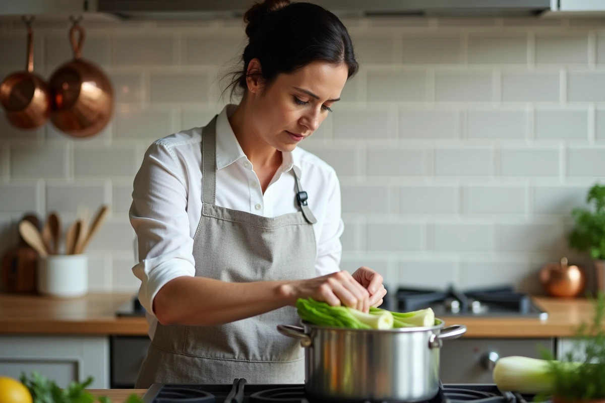 Femme plaçant des endives dans le panier vapeur d'une cocotte minute sur une cuisinière à gaz