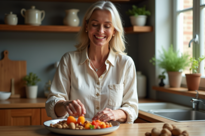 Femme arrangeant fruits secs dans la cuisine chaleureuse