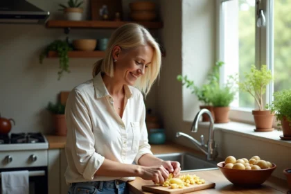 Femme épluchant des pommes de terre dans une cuisine rustique
