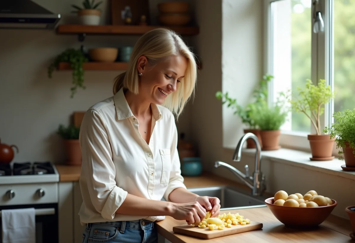 Femme épluchant des pommes de terre dans une cuisine rustique