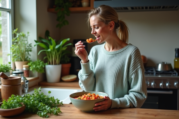 Femme dégustant un ragoût dans une cuisine moderne