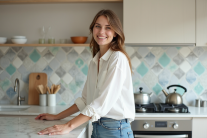 Femme souriante installant un carrelage géométrique dans une cuisine moderne