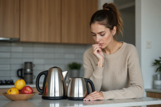 Femme examinant une bouilloire en acier inoxydable dans une cuisine moderne