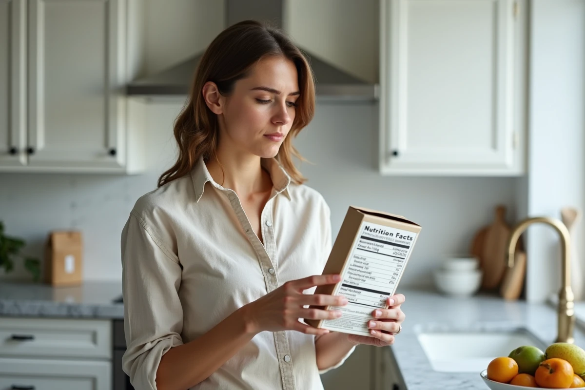 Femme lisant attentivement une étiquette nutritionnelle sur un emballage de sucre dans une cuisine moderne