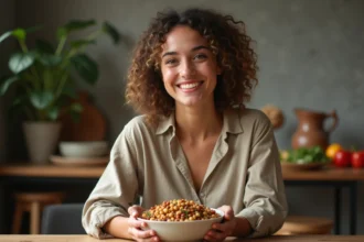 Jeune femme souriante tenant un bol de legumes cuits