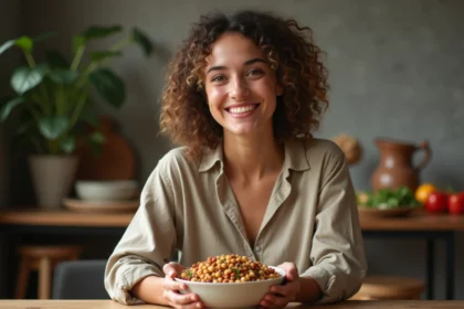 Jeune femme souriante tenant un bol de legumes cuits