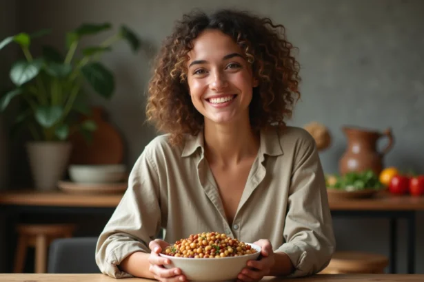 Jeune femme souriante tenant un bol de legumes cuits
