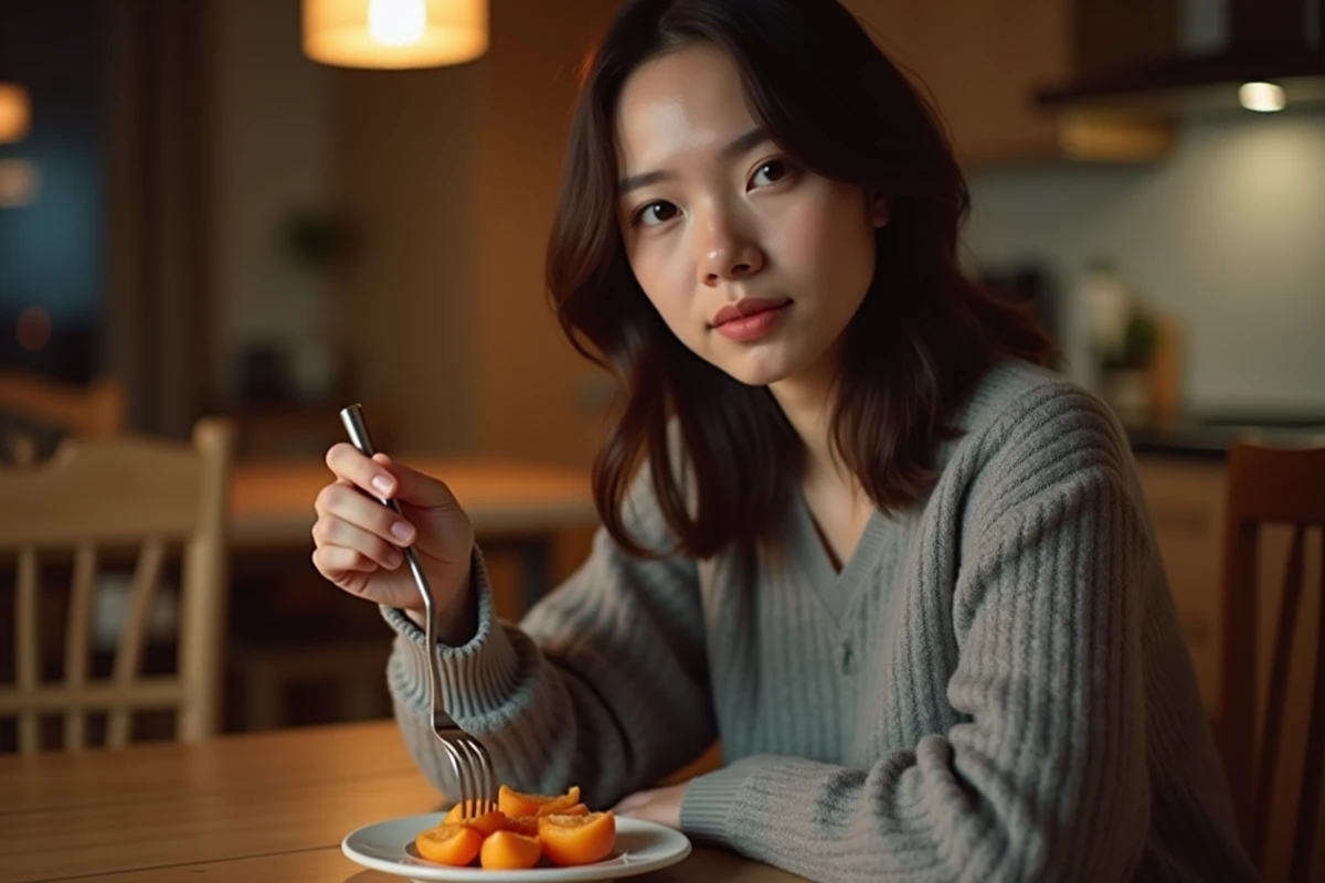 Jeune femme mangeant du kaki le soir à table, illustrant la question de la digestion du kaki en soirée