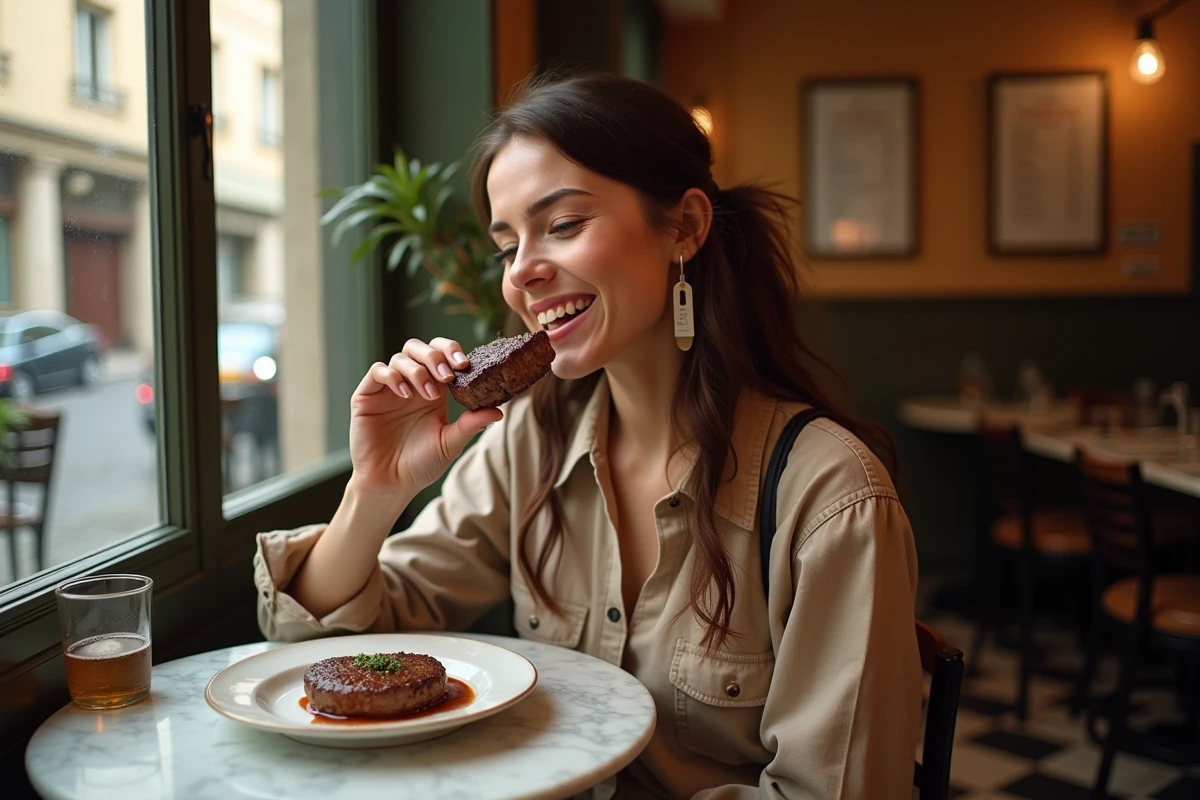 Jeune femme savoure entrecôte sauce dans brasserie parisienne