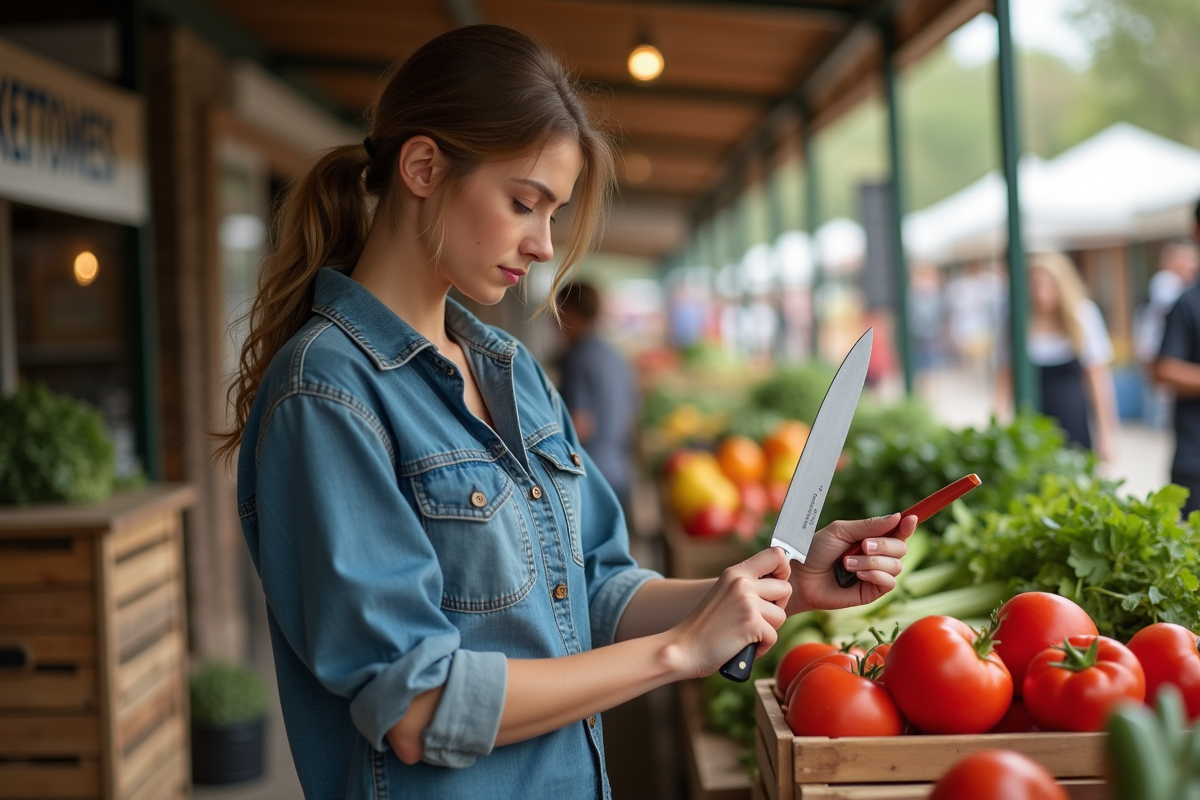 Jeune femme testant un couteau au marché fermier en plein air