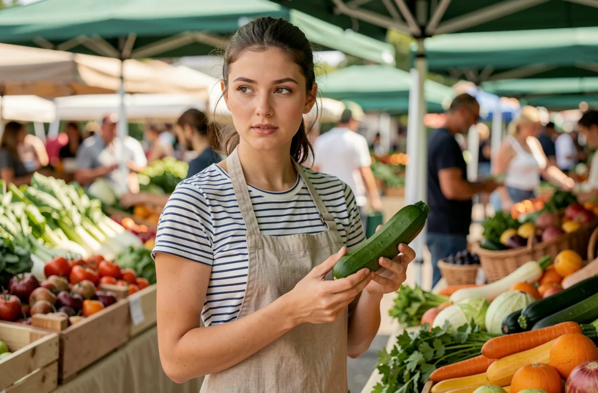 Femme comparant un concombre et une courgette fraîche sur un marché estival en plein air