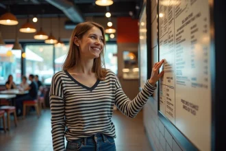 Femme souriante regardant un menu dans un fastfood moderne