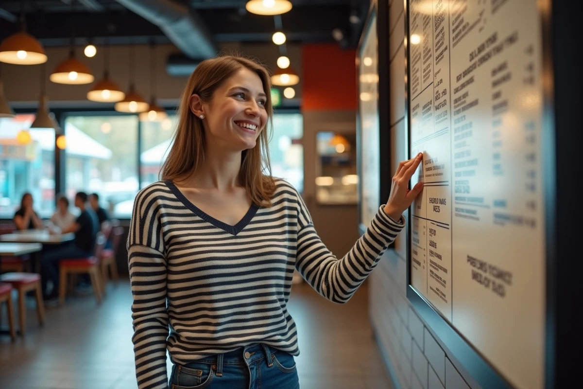 Femme souriante regardant un menu dans un fastfood moderne