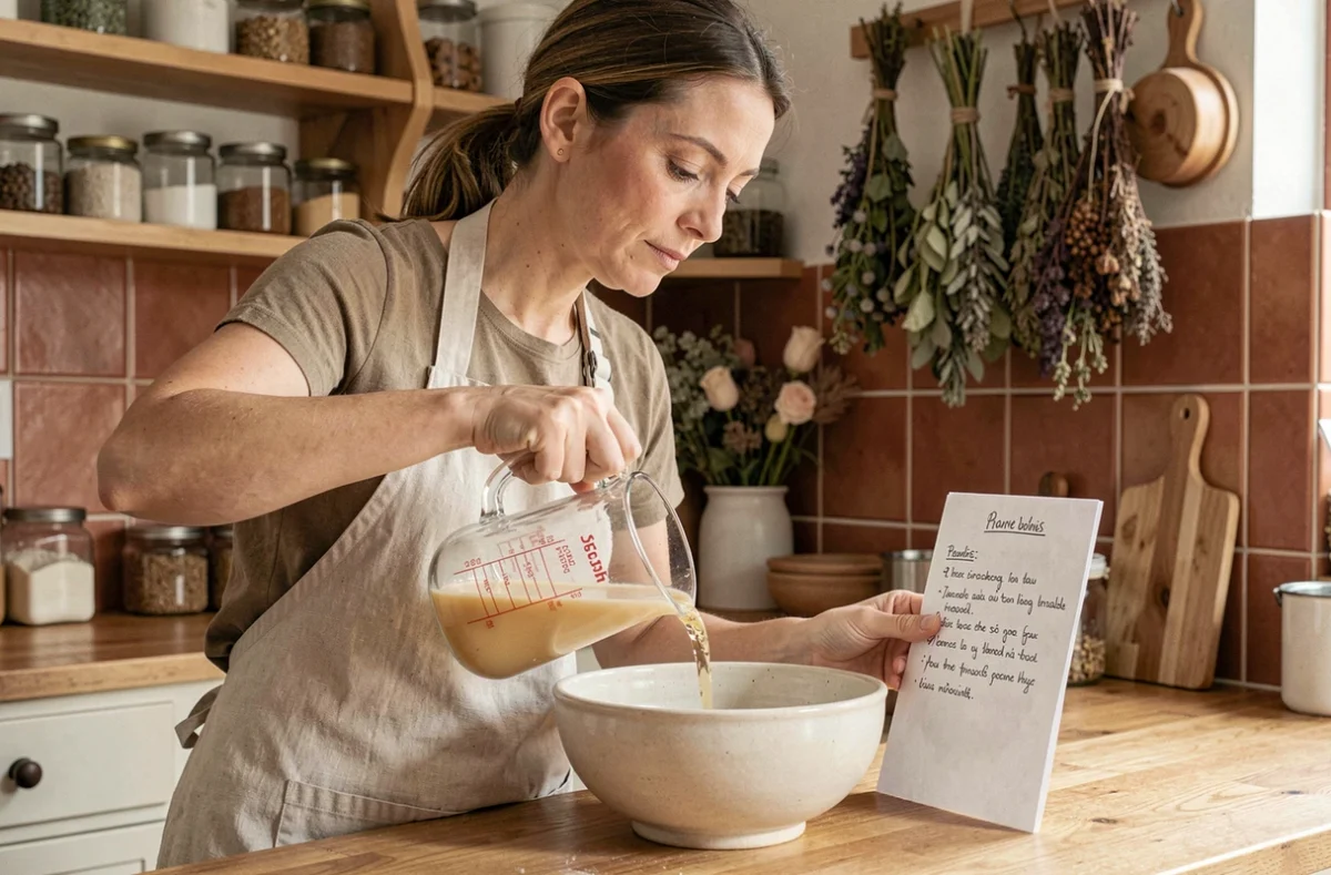 Femme versant 25 cl de liquide dans un bol en céramique en suivant une recette maison dans une cuisine rustique