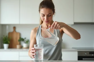 Femme mesurant 40 cl d'eau dans un verre gradué dans une cuisine moderne pour suivre ses apports hydriques en régime