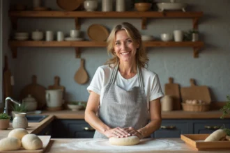 Femme en tablier en train de pétrir la pâte dans la cuisine