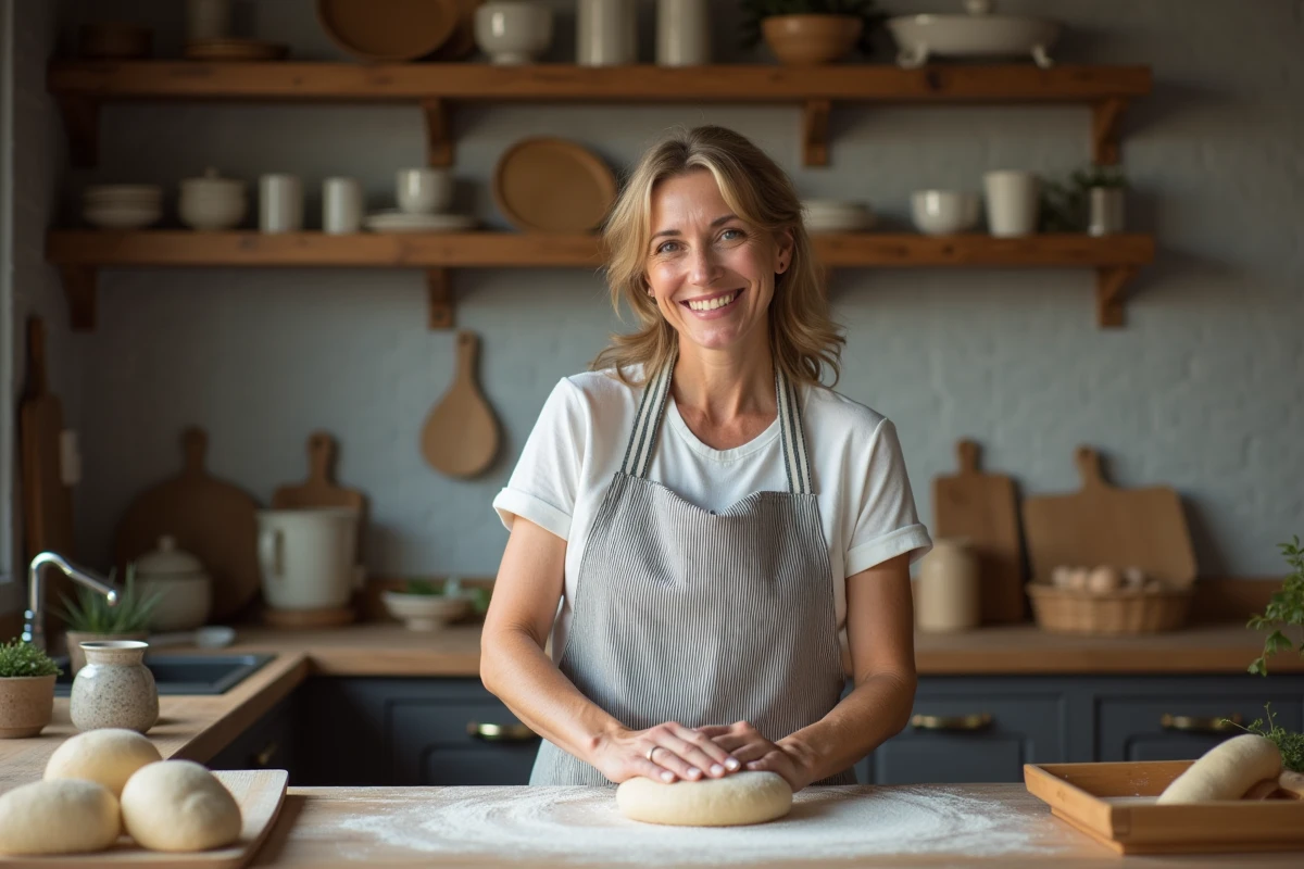 Femme en tablier en train de pétrir la pâte dans la cuisine