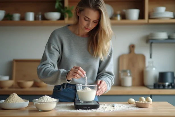 Jeune femme pèse de la farine dans une cuisine lumineuse