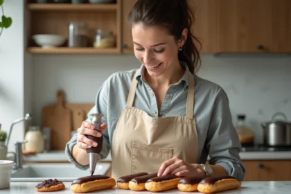 Femme remplissant des éclairs au chocolat dans une cuisine lumineuse