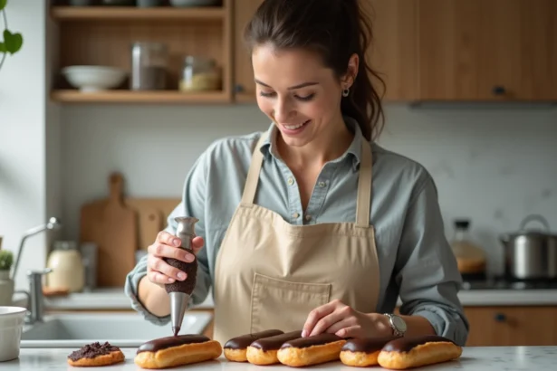 Femme remplissant des éclairs au chocolat dans une cuisine lumineuse