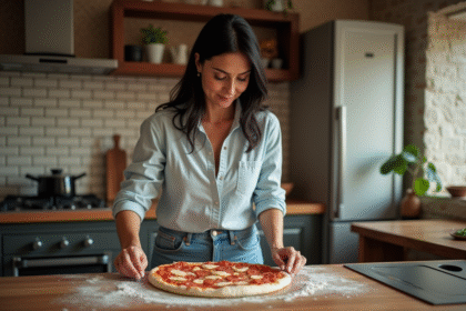 Femme préparant une pizza dans une cuisine chaleureuse