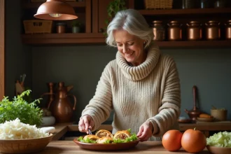 Femme en laine préparant des choux farcis dans une cuisine chaleureuse