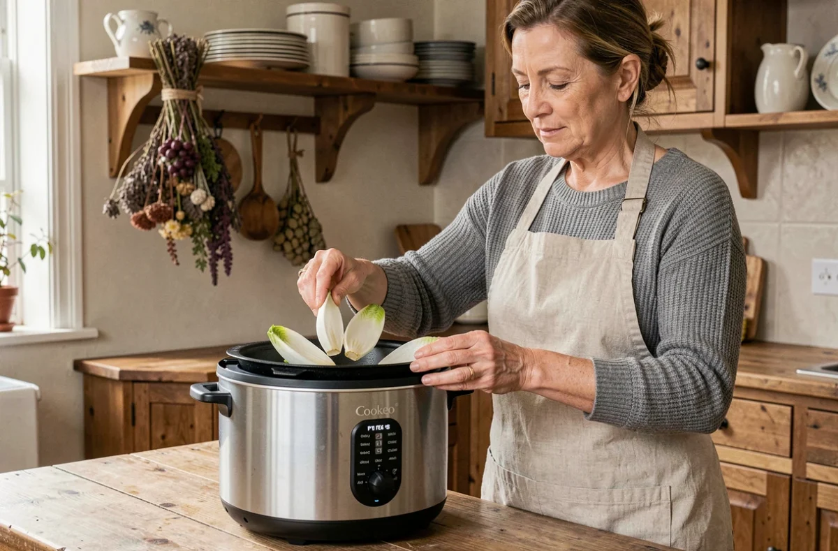 Femme préparant des endives pour une cuisson vapeur dans un Cookeo à domicile