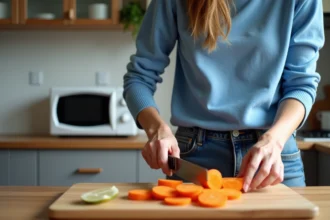 Femme en cuisine coupant des carottes fraîches