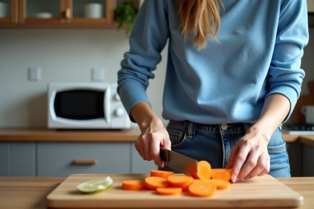 Femme en cuisine coupant des carottes fraîches