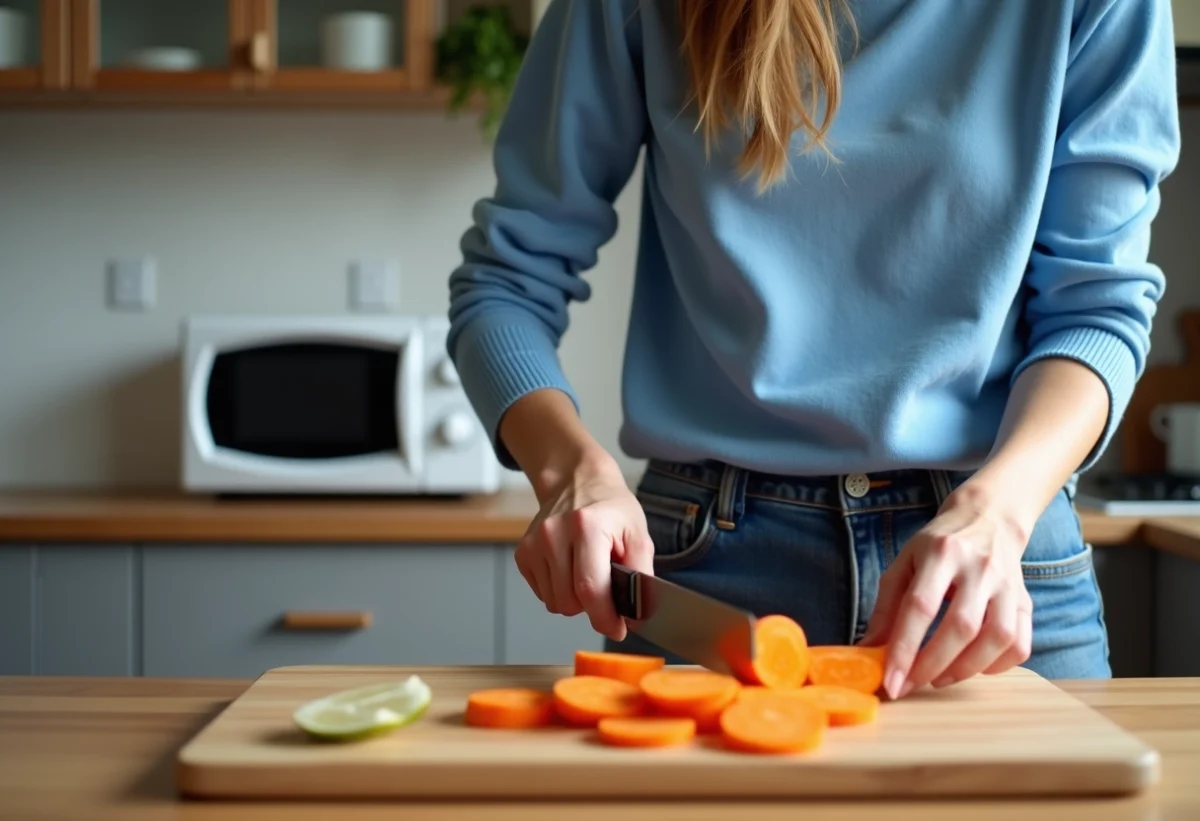 Femme en cuisine coupant des carottes fraîches