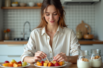 Jeune femme prépare des brochettes de fruits frais dans une cuisine lumineuse