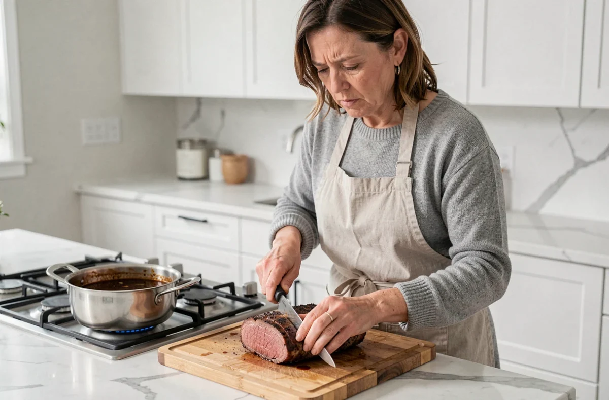 Femme en tablier découpant un rôti de bœuf trop cuit sur un plan de travail en marbre avec une sauce en préparation pour rattraper la viande