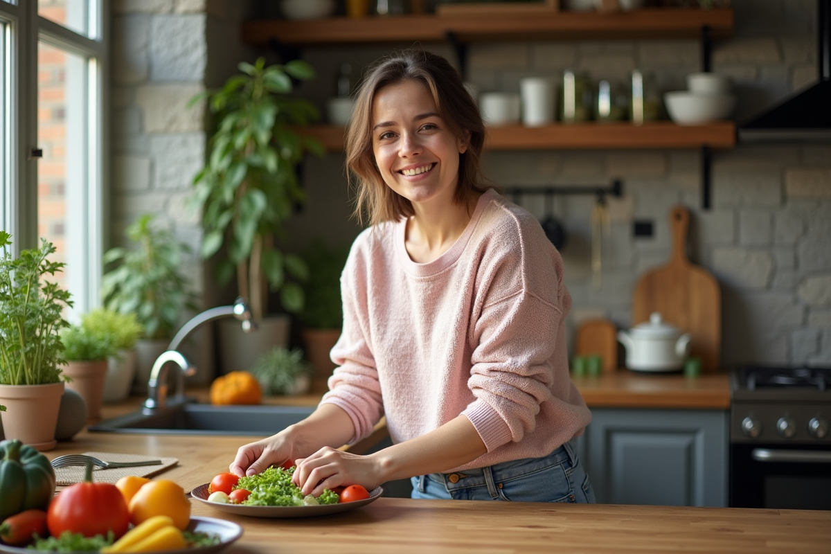 Femme préparant une salade colorée dans une cuisine lumineuse