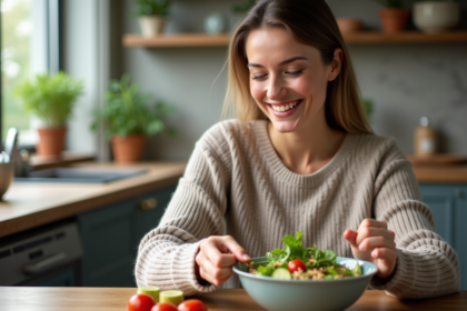 Femme souriante préparant une salade colorée dans une cuisine moderne