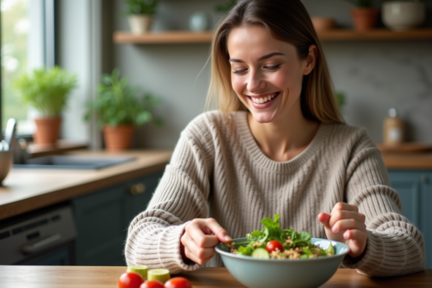 Femme souriante préparant une salade colorée dans une cuisine moderne