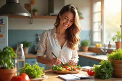 Femme préparant une salade colorée dans une cuisine moderne