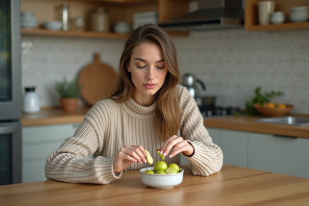 Jeune femme choisissant des pommes vertes et amandes
