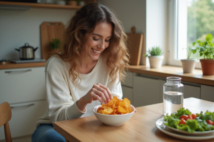 Femme souriante dégustant des chips de légumes sains à la maison