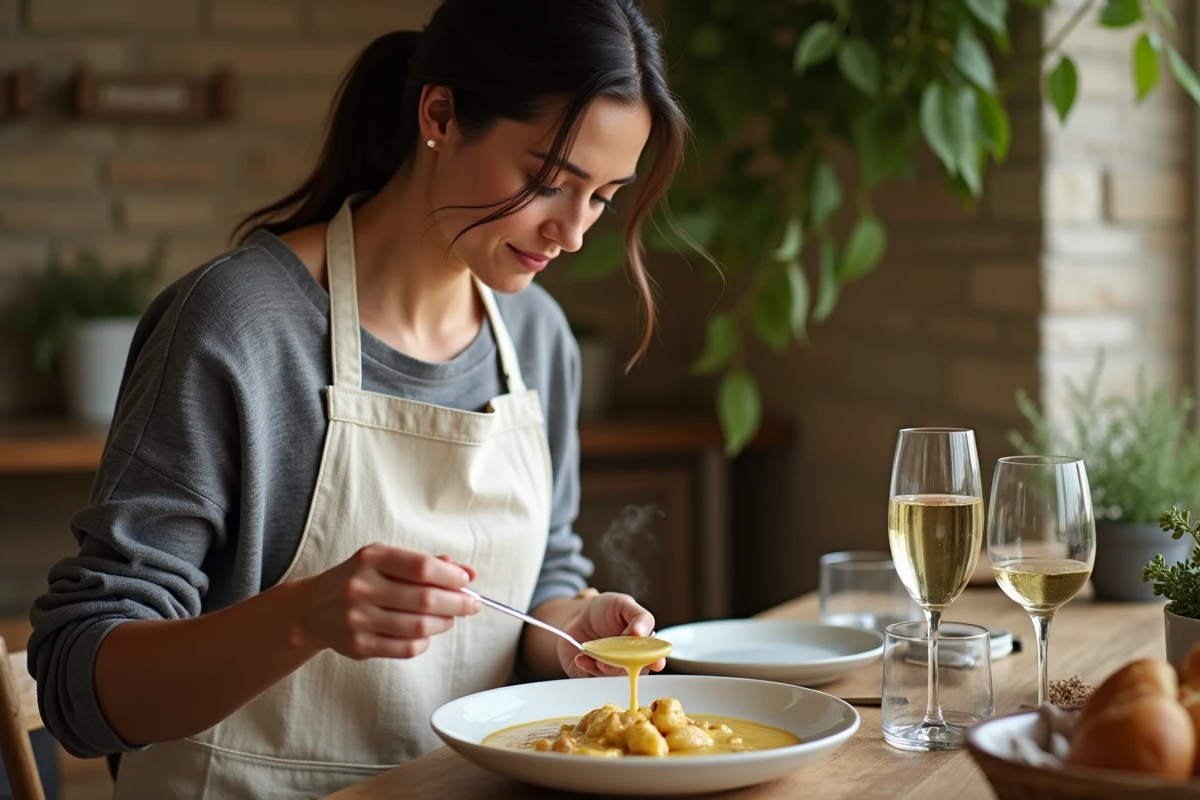 Femme servant une assiette de blanquette de veau maison lors d'un repas familial hivernal dans une salle à manger française